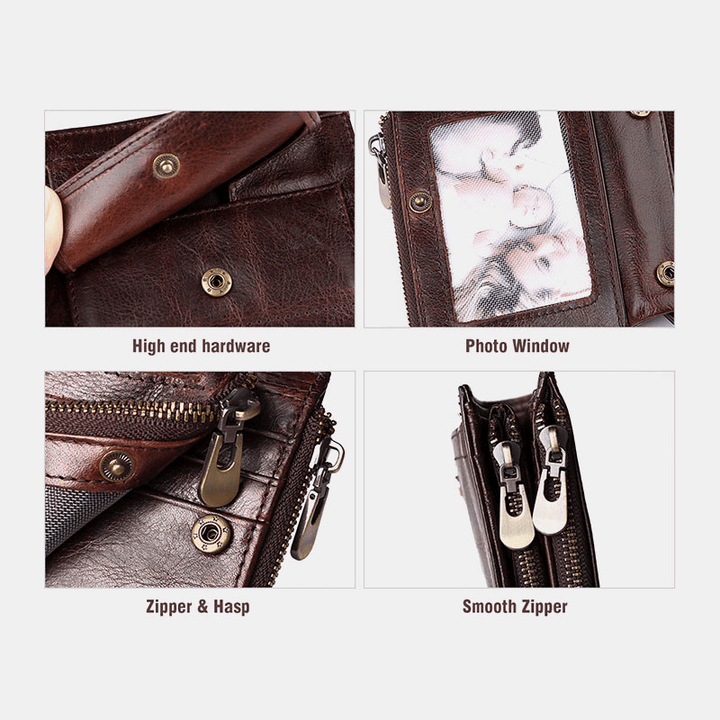 Men Genuine Leather Anti-Magnetic Anti-Theft Double Zipper Retro Business Card Holder Wallet - MRSLM