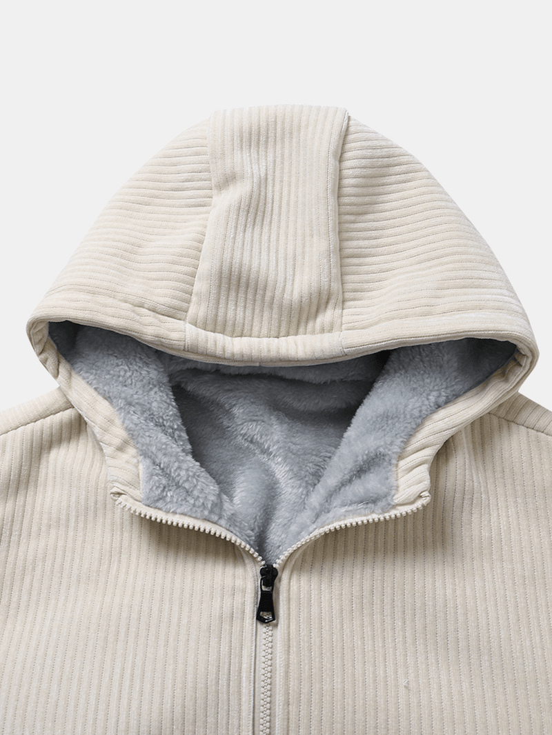 Men Corduroy plus Velvets Hooded Warm Pure Zipper Retro Jackets - MRSLM
