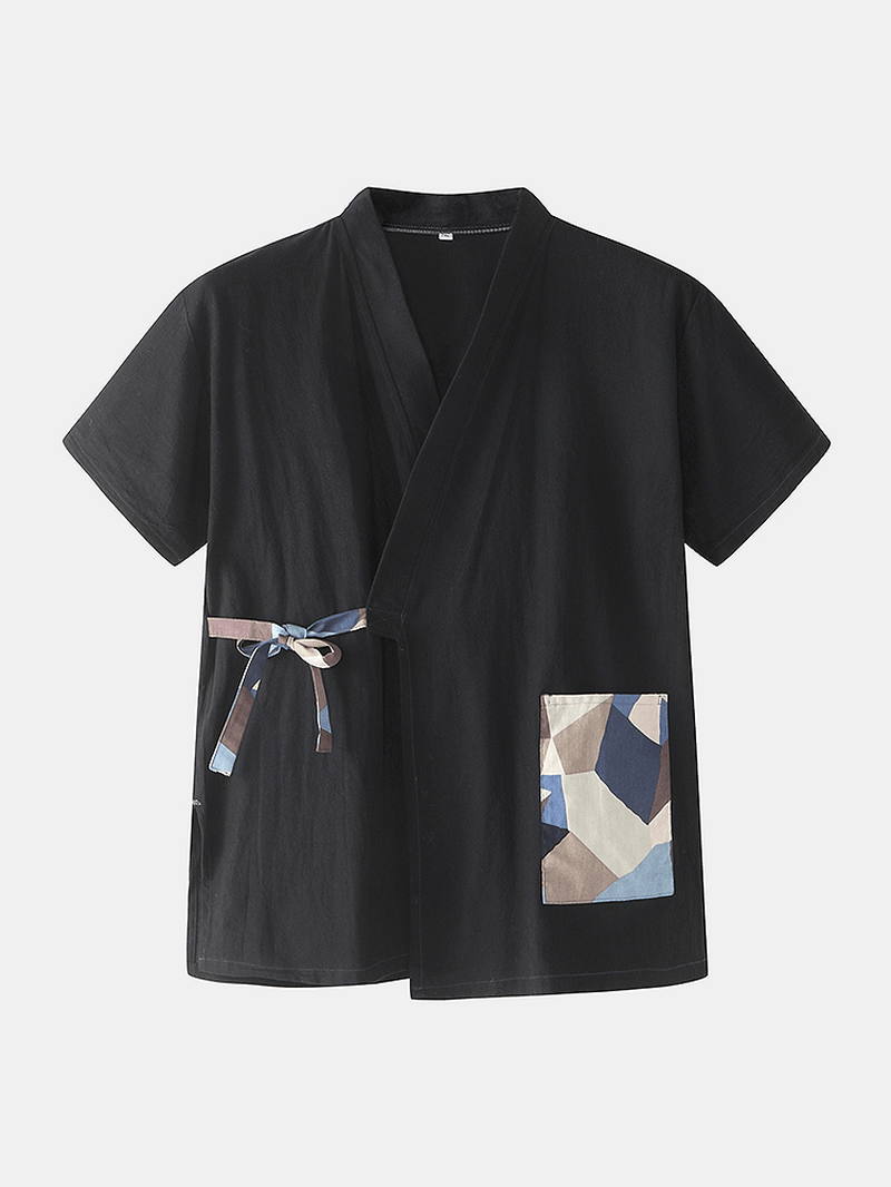 Mens Geometric Print V-Neck Top Elastic Waist Pocket Japanese Style Sauna Suit Home Pajamas - MRSLM
