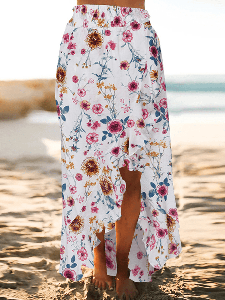 Bohemian Beach Floral Print Elastic Waist Flounce Hem Maxi Skirts - MRSLM