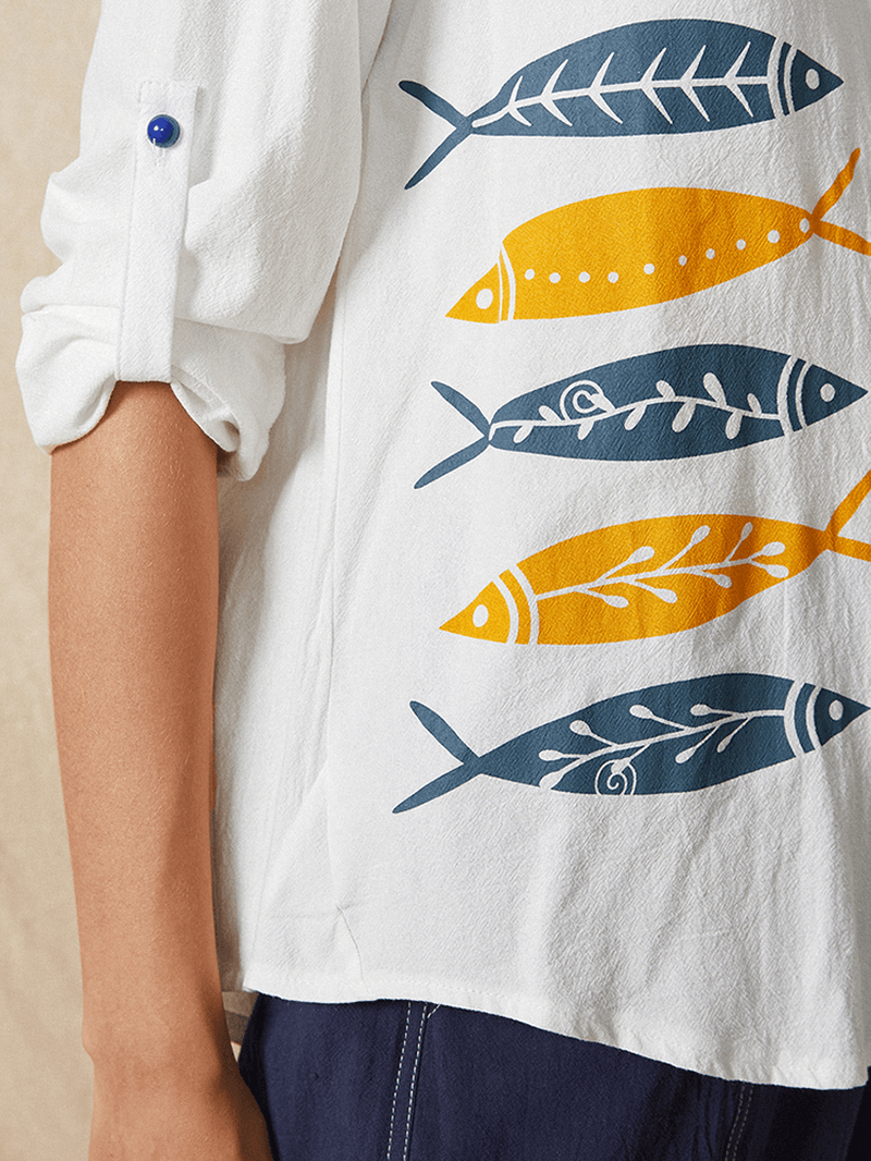 Cartoon Fish Print Button Stand Collar Long Sleeve Casual Blouse for Women - MRSLM