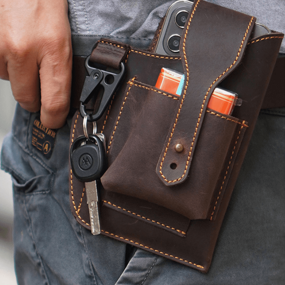 Ekphero Men Genuine Leather Vintage 6.3 Inch Phone Bag Multifunction Keychain Cowhide Waist Bag - MRSLM