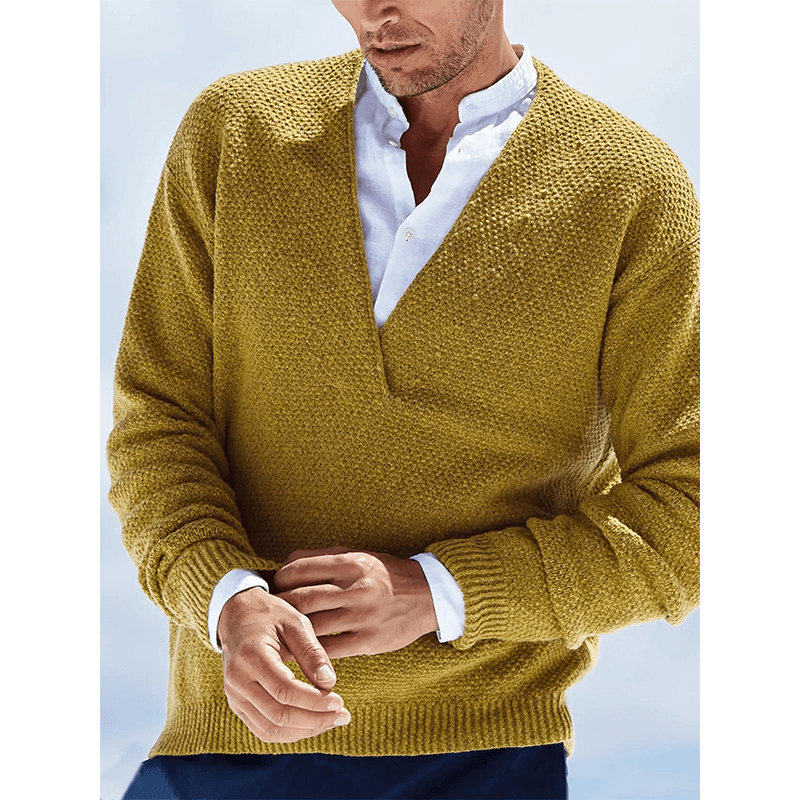 Solid Color Long-Sleeved V-Neck Knitted Men'S Sweater - MRSLM