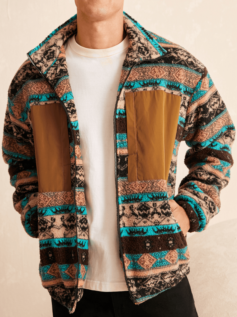 Men Ethnic Striped Fleece Patch Side Pockets Zipper Collar Jackets - MRSLM