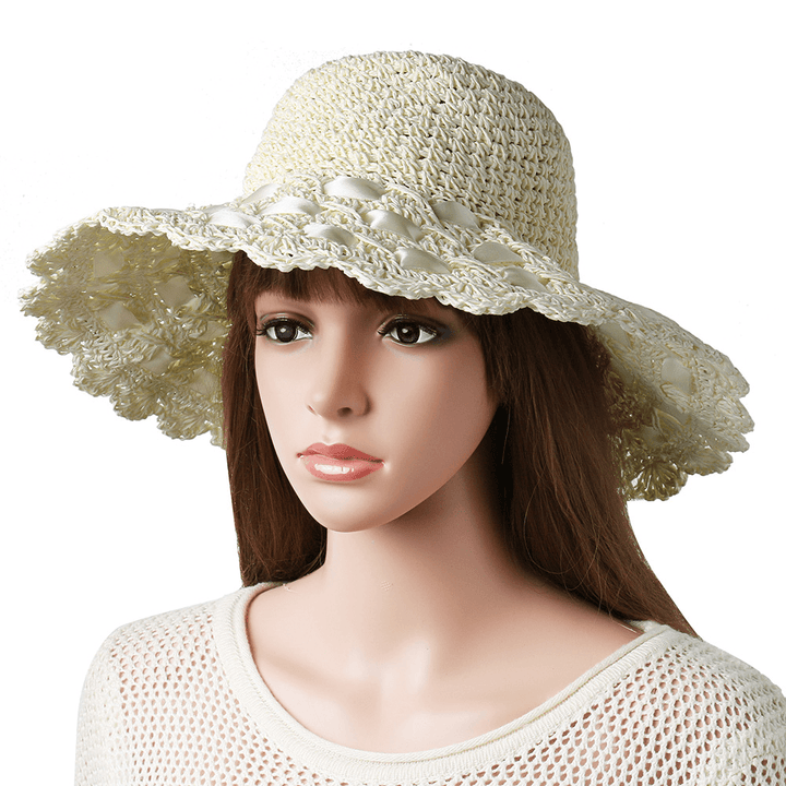 Women Breathable Foldable Bow Sunscreen Bucket Straw Hat - MRSLM