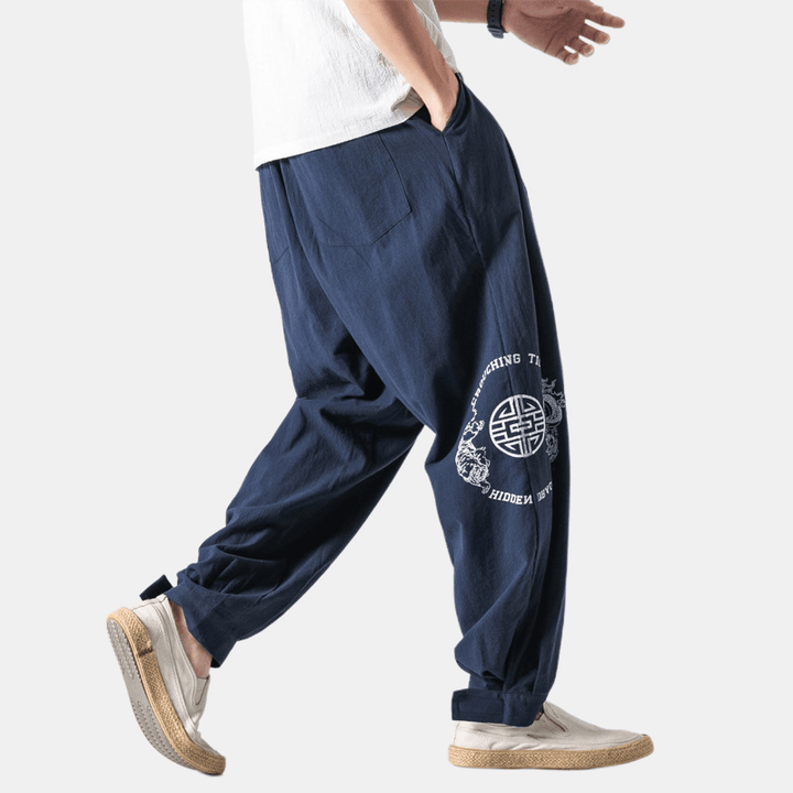 Mens Chinese Style Loose Linen Printing Solid Color Casual Pants - MRSLM