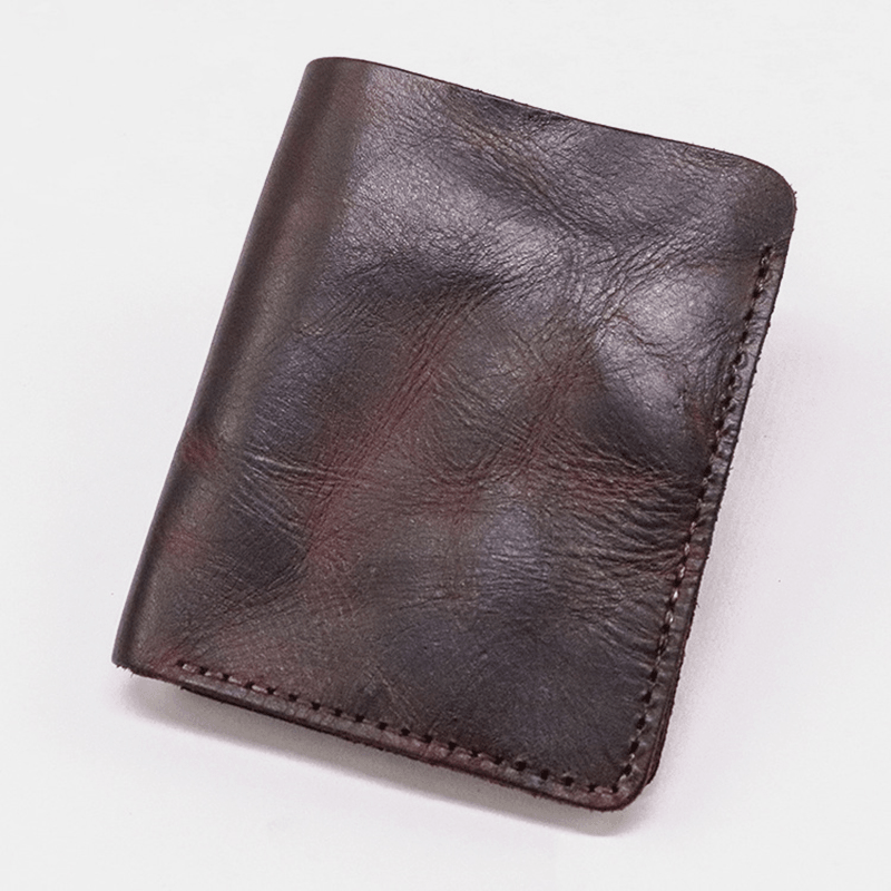 Men Bifold Thin Wallet Simple Retro Vegetable Tanned Leather Card Holder Coin Purse Money Clip - MRSLM
