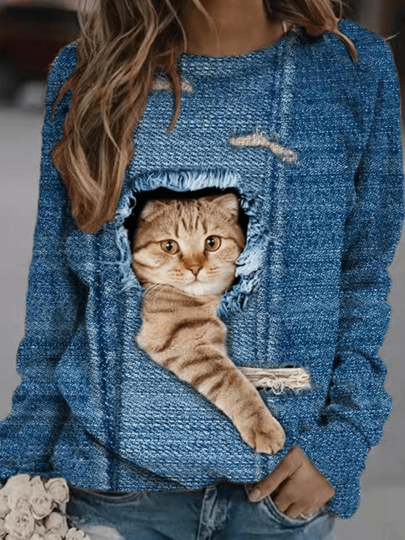 Women Design 3D Cat Print Pullover Long Sleeve Cute Sweatshirts - MRSLM