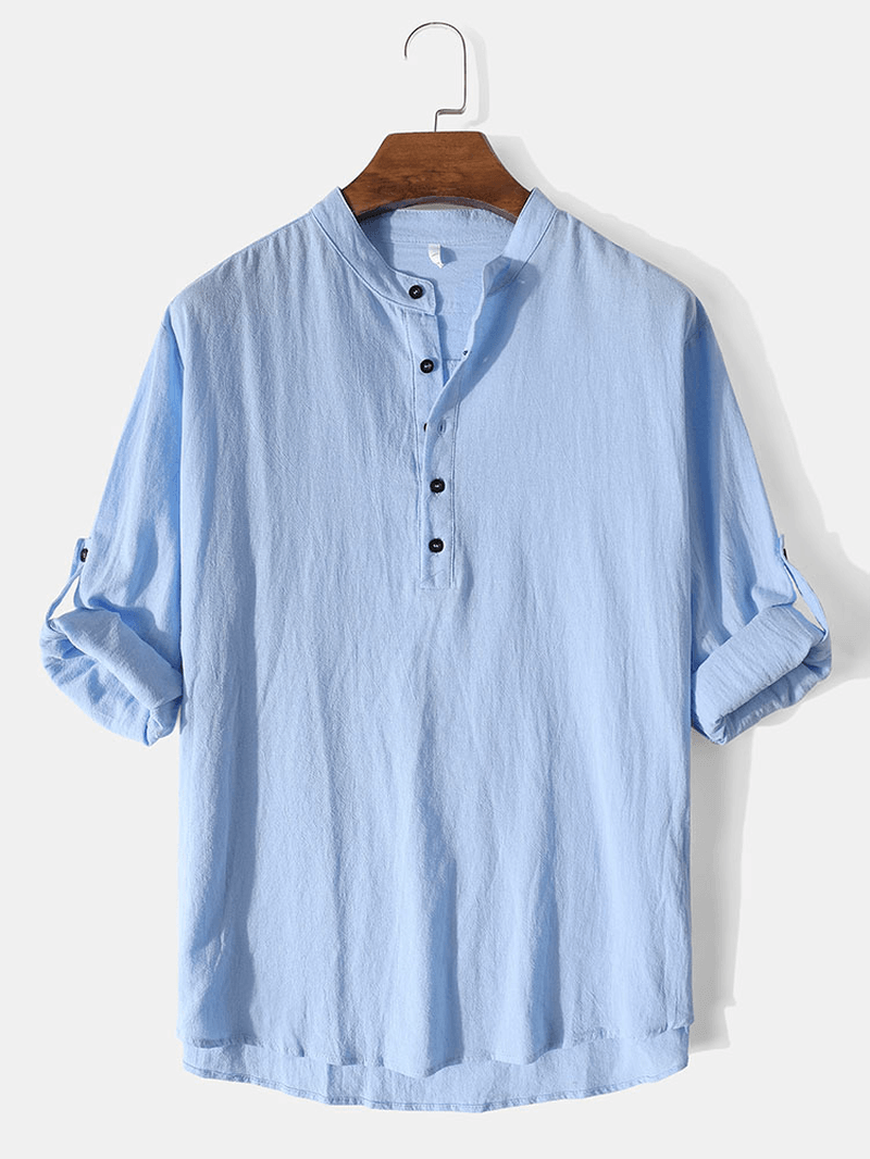 Mens Solid Color High Low Basics Cotton Long Sleeve Henley Shirts - MRSLM