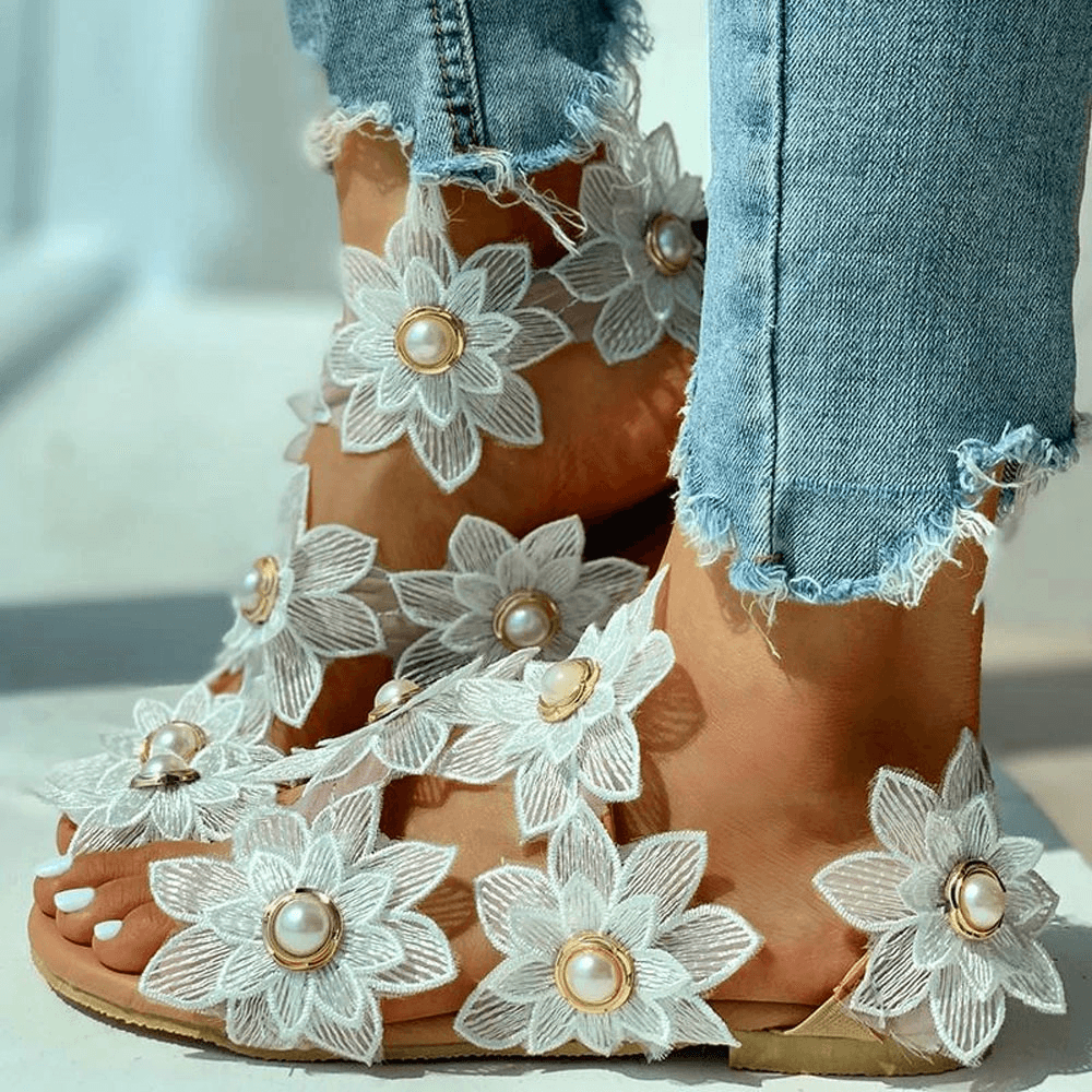 Women Flower Decro Bohemia Beading Slip on Casual Holiday Beach Flat Sandals - MRSLM