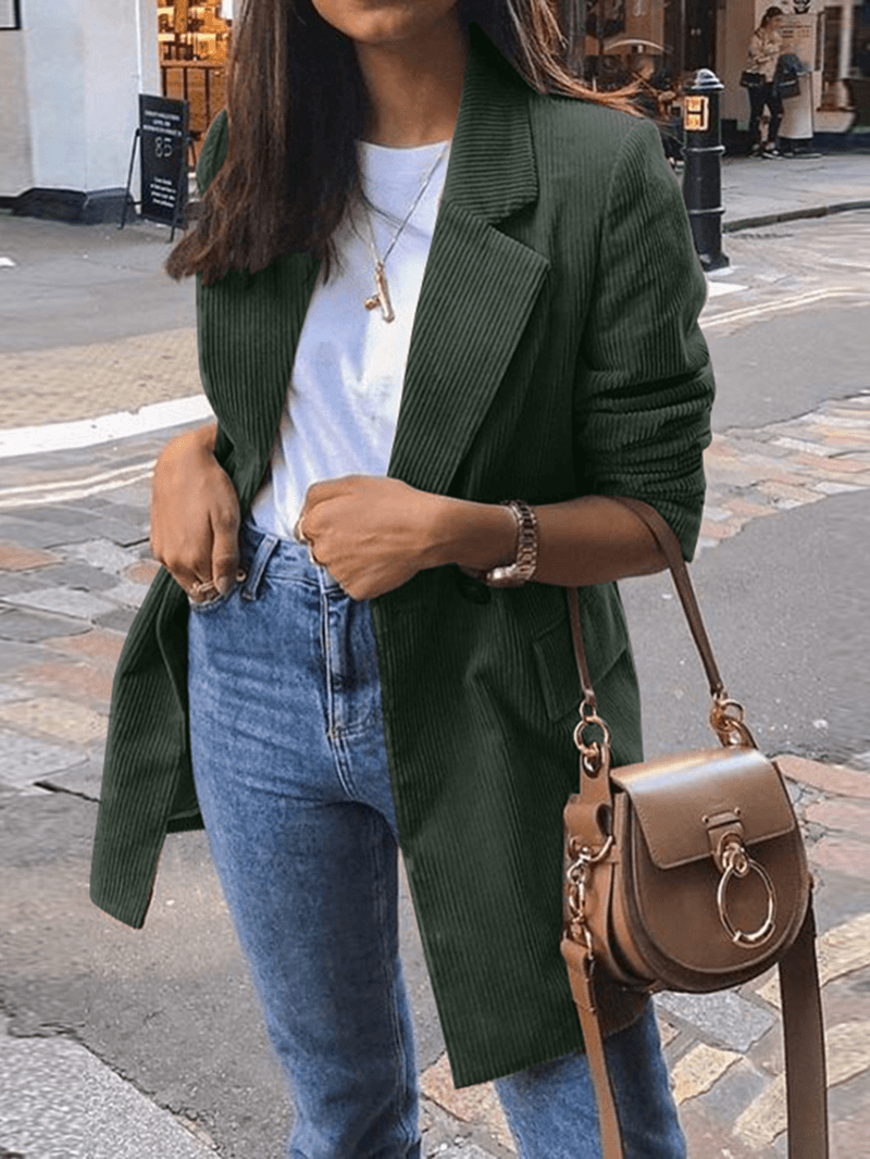 Women Corduroy Solid Color Stylish Casual Blazer with Pocket - MRSLM