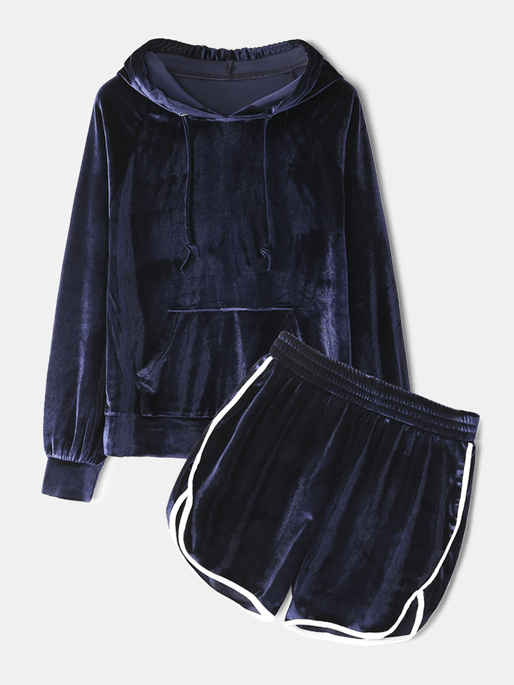 Women plus Size Solid Velvet Kangaroo Pocket Hoodie Loose Shorts Home Casual Pajamas Set - MRSLM