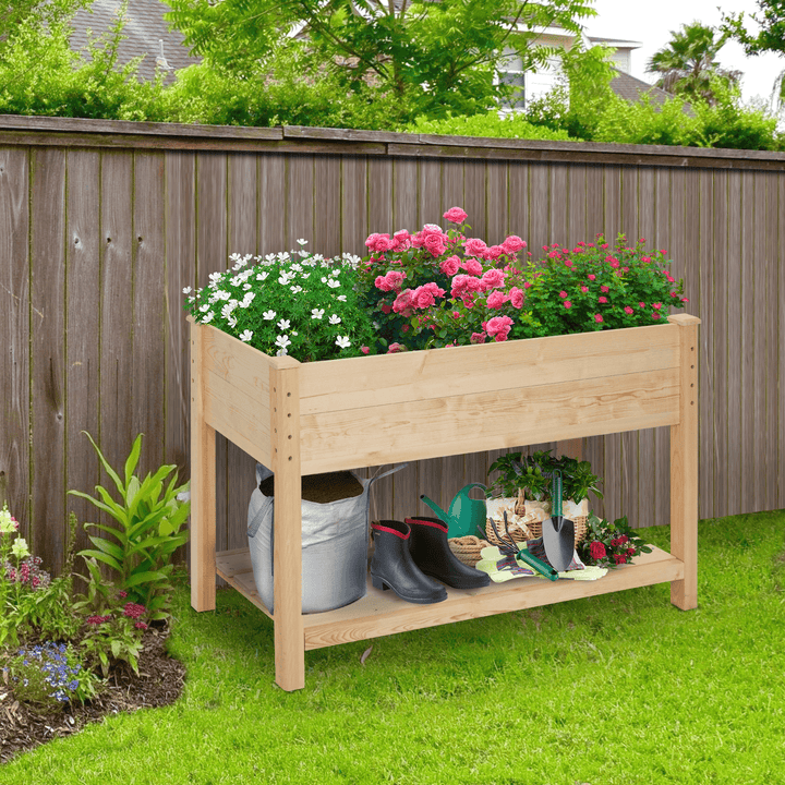 Kingso Raised Garden Bed 4FT Elevated Wooden Planter Boxes Kit Outdoor with Legs Garden Grow Box with Shelves for Vegetable Flower Patio - MRSLM