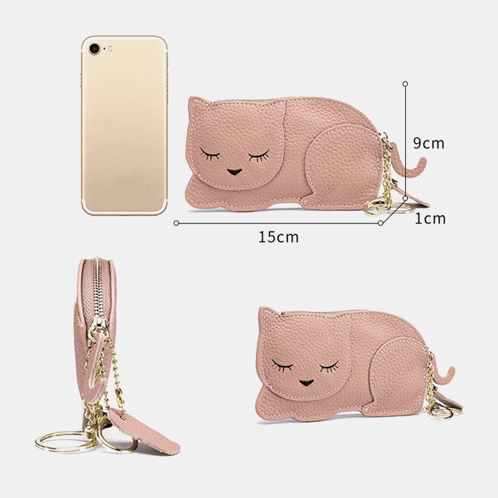 Women Genuine Leather Casual Cute Animal Nap Cat Pattern Mini Keychain Coin Bag Storage Bag - MRSLM