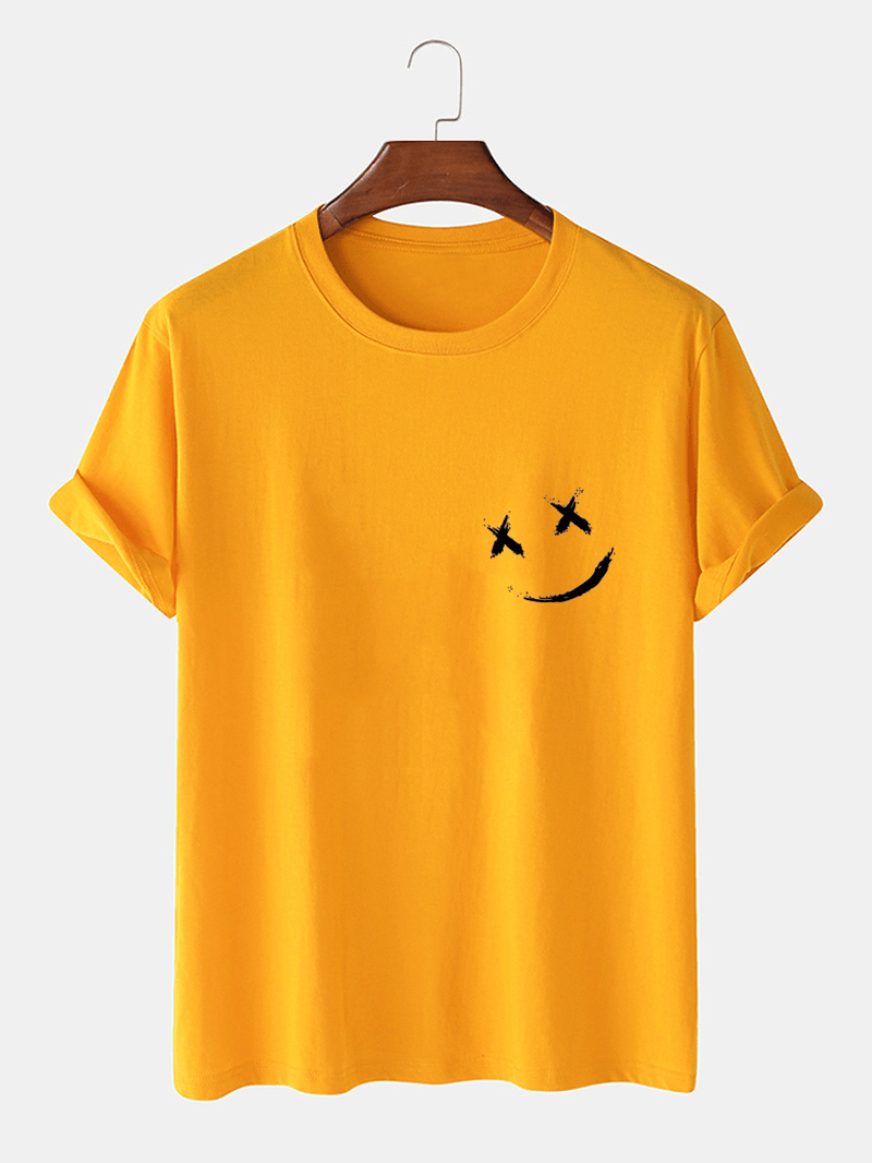 Mens Smile Chest Print O-Neck Casual Loose Short Sleeve T-Shirt - MRSLM