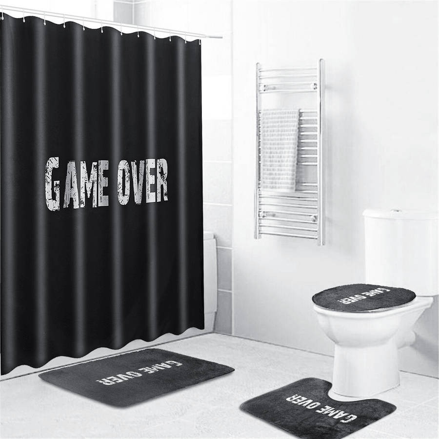 1/3/4PCS Black Waterproof Bathroom Shower Curtain Toilet Cover Mat Non-Slip Rug Set - MRSLM