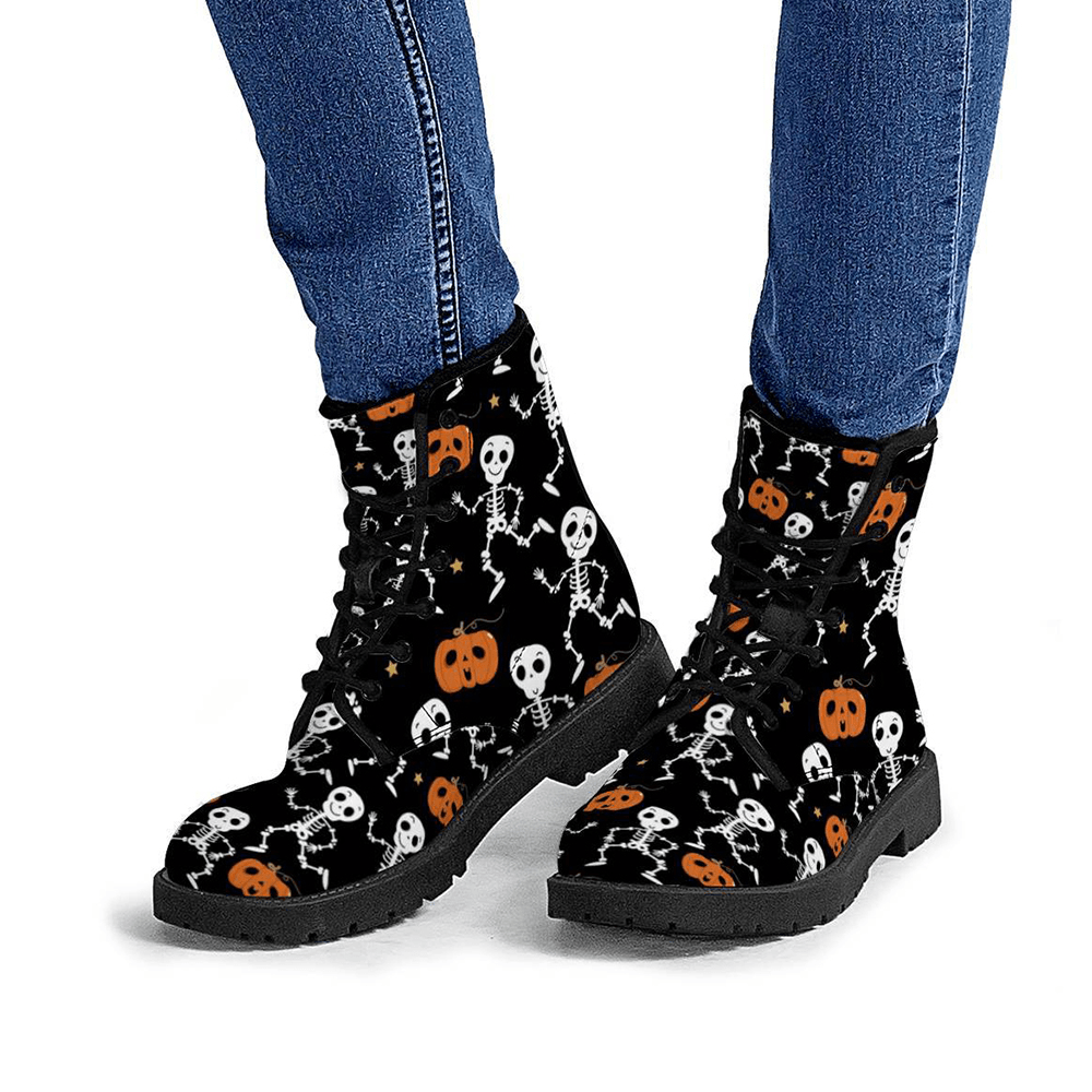 Halloween Women Funny Skeleton Pumpkin Printing Soft Rubber Non-Slip Outsole Martin Boots - MRSLM