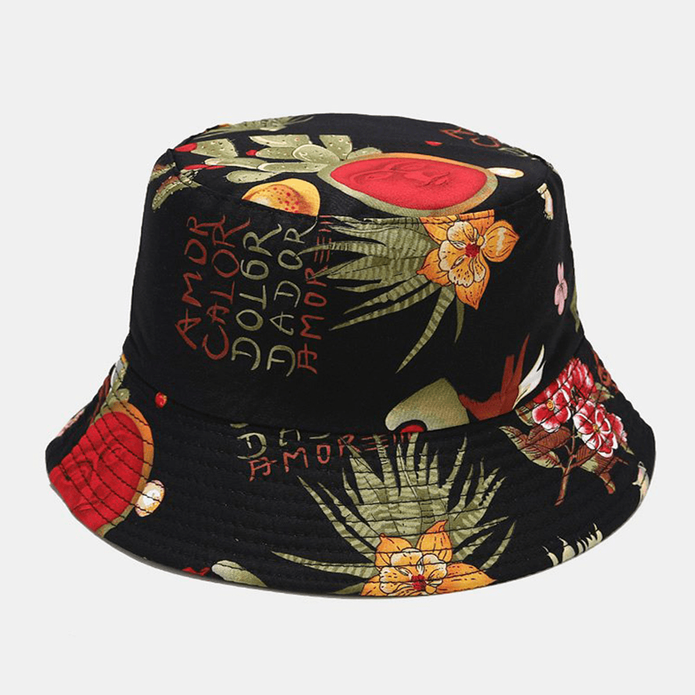 Women Double-Sided Summer UV Protection Marine Plant Pattern Casual Simple Sun Hat Bucket Hat - MRSLM