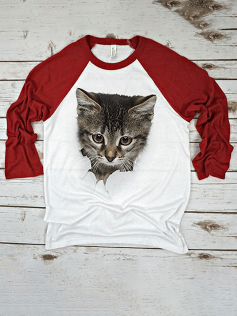 Women 3D Cute Cat Print Raglan Sleeves Regular Fit round Neck Casual T-Shirt - MRSLM