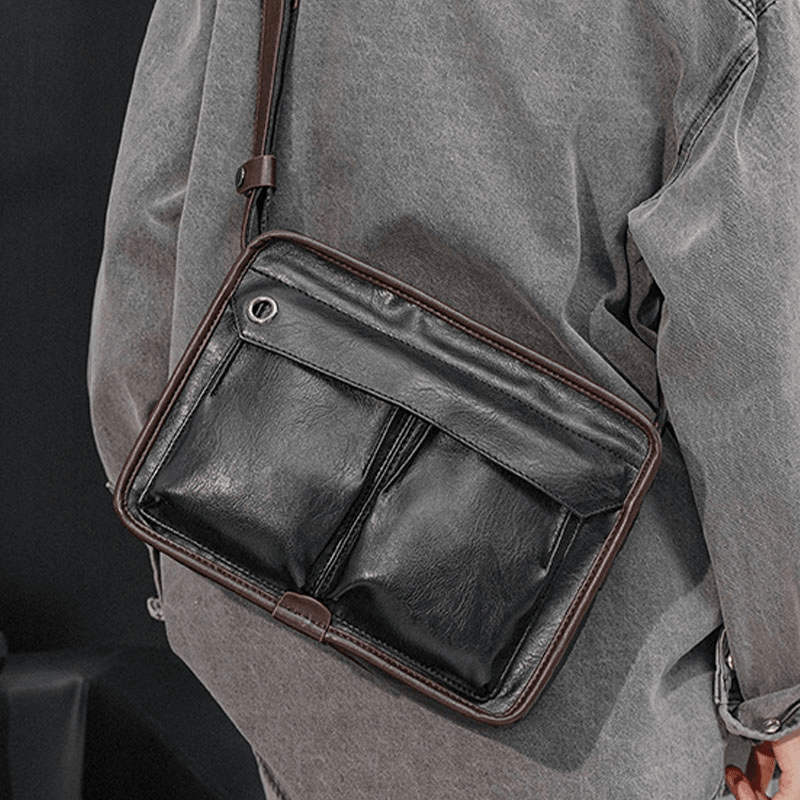 Men Double Layer Multi-Pocket Crossbody Bags Fashion Casual Headphone Hole Design 14 Inch Laptop Bag Shoulder Bag - MRSLM