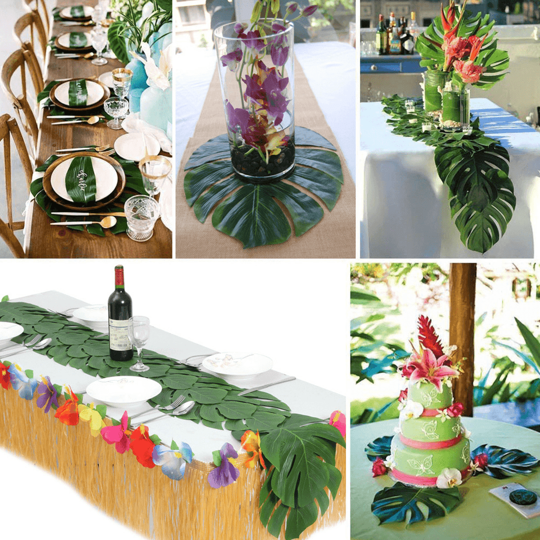 60Pcs Tropical Artificial Palm Leaves Hawaiian Hibiscus Flowers Wedding Birthday Party Decoration Table Decorations - MRSLM