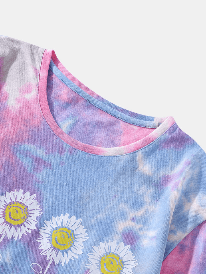 Mens Small Flower Print Tie Dye round Neck Short Sleeve T-Shirt - MRSLM