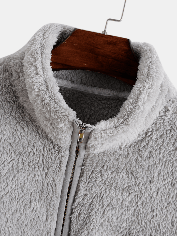Men Double Side Plush Pure Solid Color Zip Stand Collar Pullover Sweatshirt - MRSLM