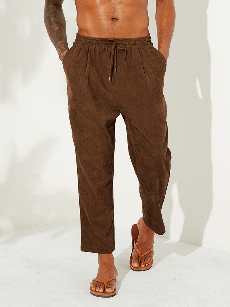 Men Corduroy Drawstring Solid Color Vintage Pants - MRSLM
