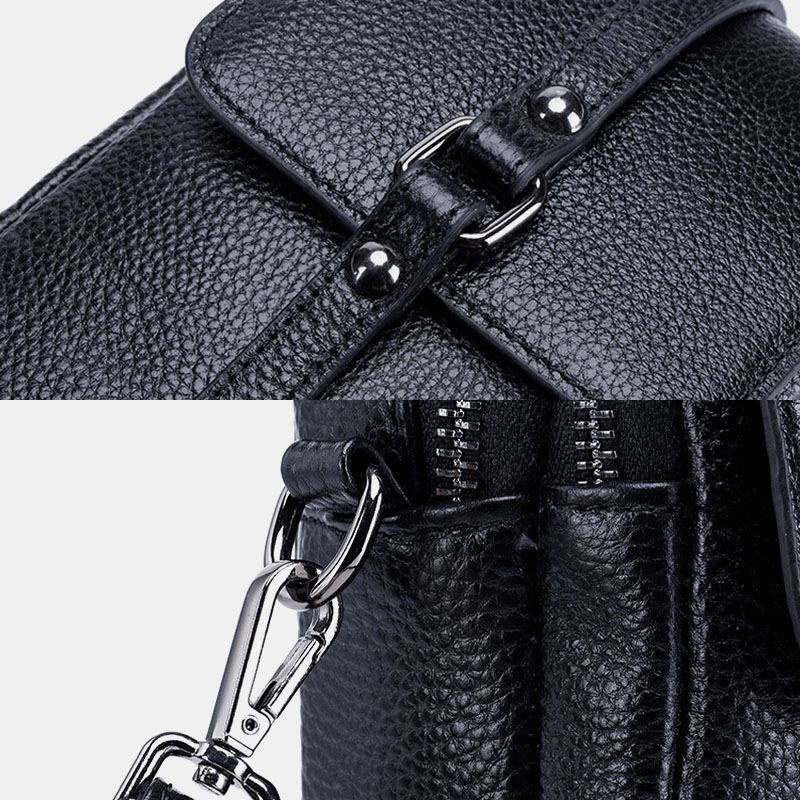 Women Genuine Leather Casual Retro Multi-Layers Earphone Hole 6.5 Inch Phone Bag Crossbody Bag - MRSLM