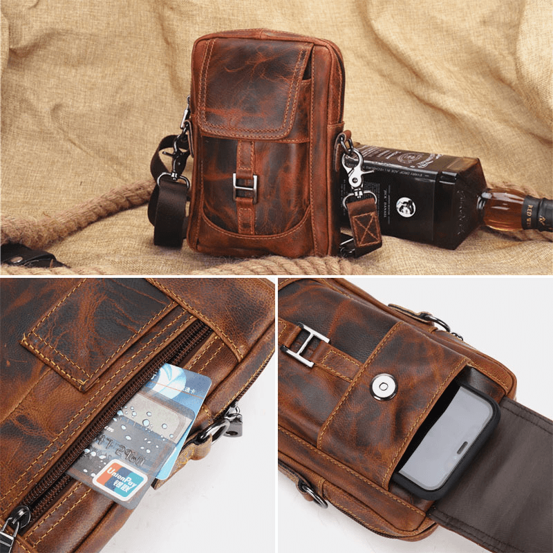 Men Genuine Leather Multifunction Lightweight Crossbody Bag Multi-Pocket Belt Bag Phone Bag - MRSLM