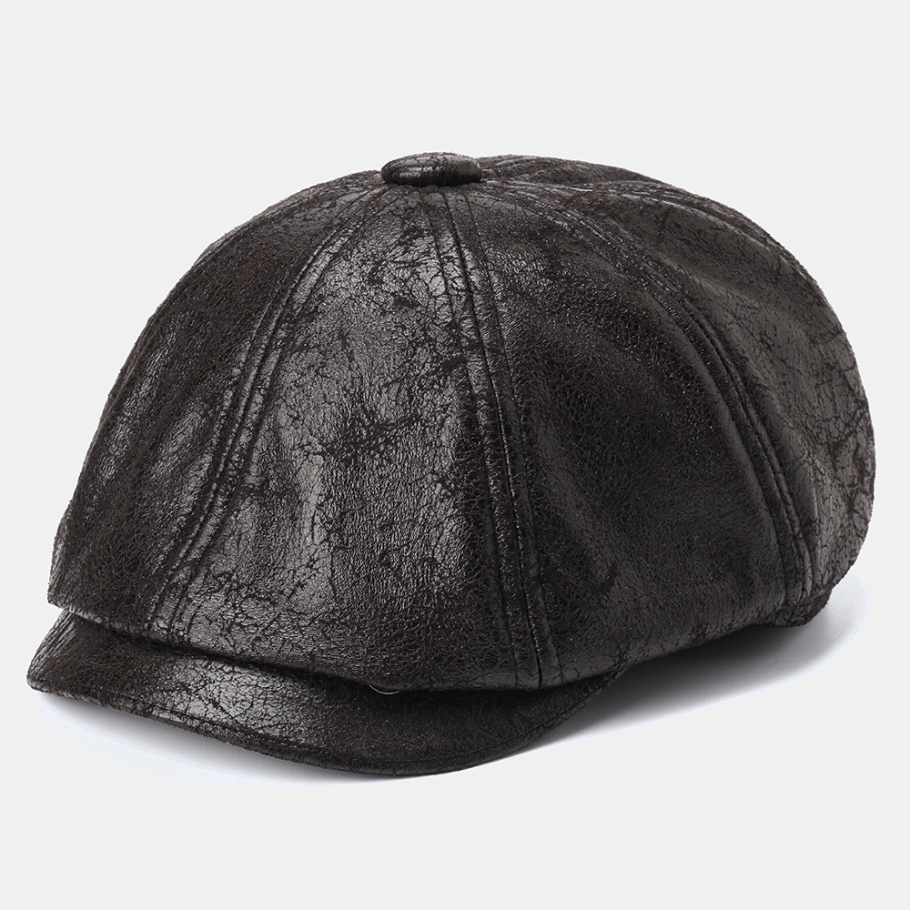 Men Cracked PU Leather Newsboy Hat Retro Beret Caps - MRSLM