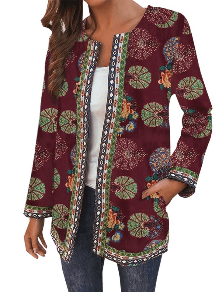 Women 100% Cotton Bohemian Leisure Flowers Contrast Color Side Pockets Coat - MRSLM