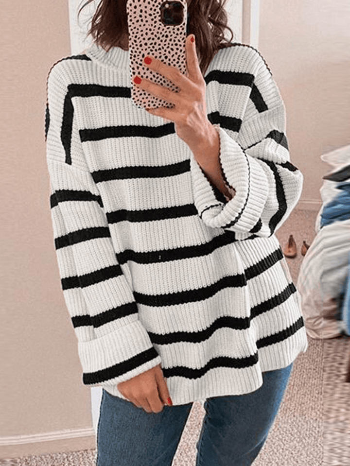 Women Black and White Striped O-Neck Casual Loose Fit Preppy Sweasters - MRSLM