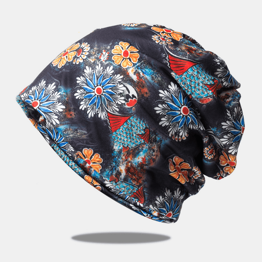 Women Dual-Use Breathable Baotou Hat Cotton Overlay Colored Floral Printed Casual Elastic Scarf Beanie Hat - MRSLM