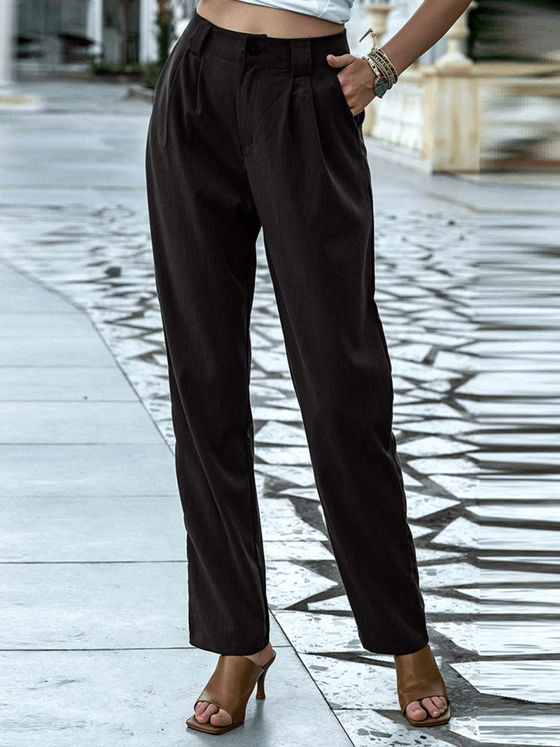 Women Solid Color Pleats Zipper Fly Casual Pants - MRSLM