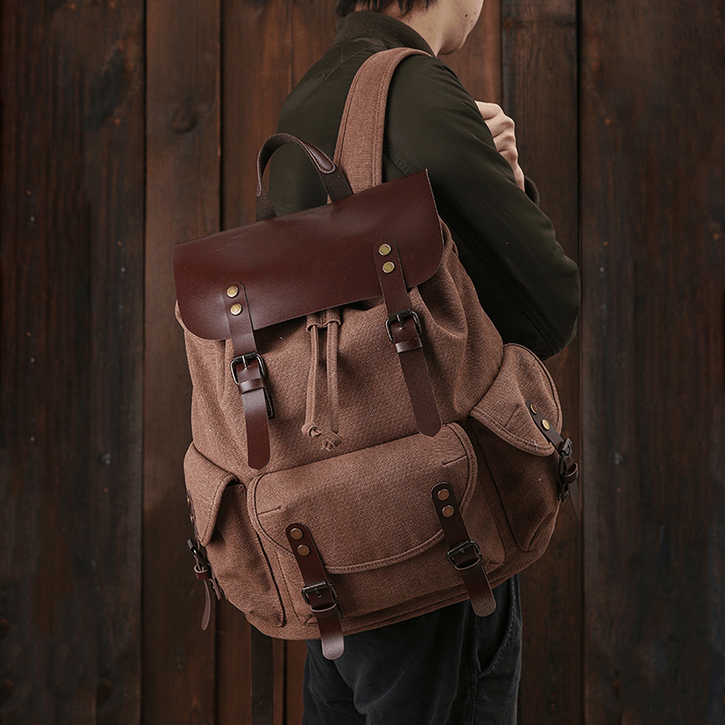 Men Oil Wax Canvas Casual Waterproof Multi-Pocket Backpack Large Capacity 15.6 Inch Laptop Bag Shoulder Bag - MRSLM