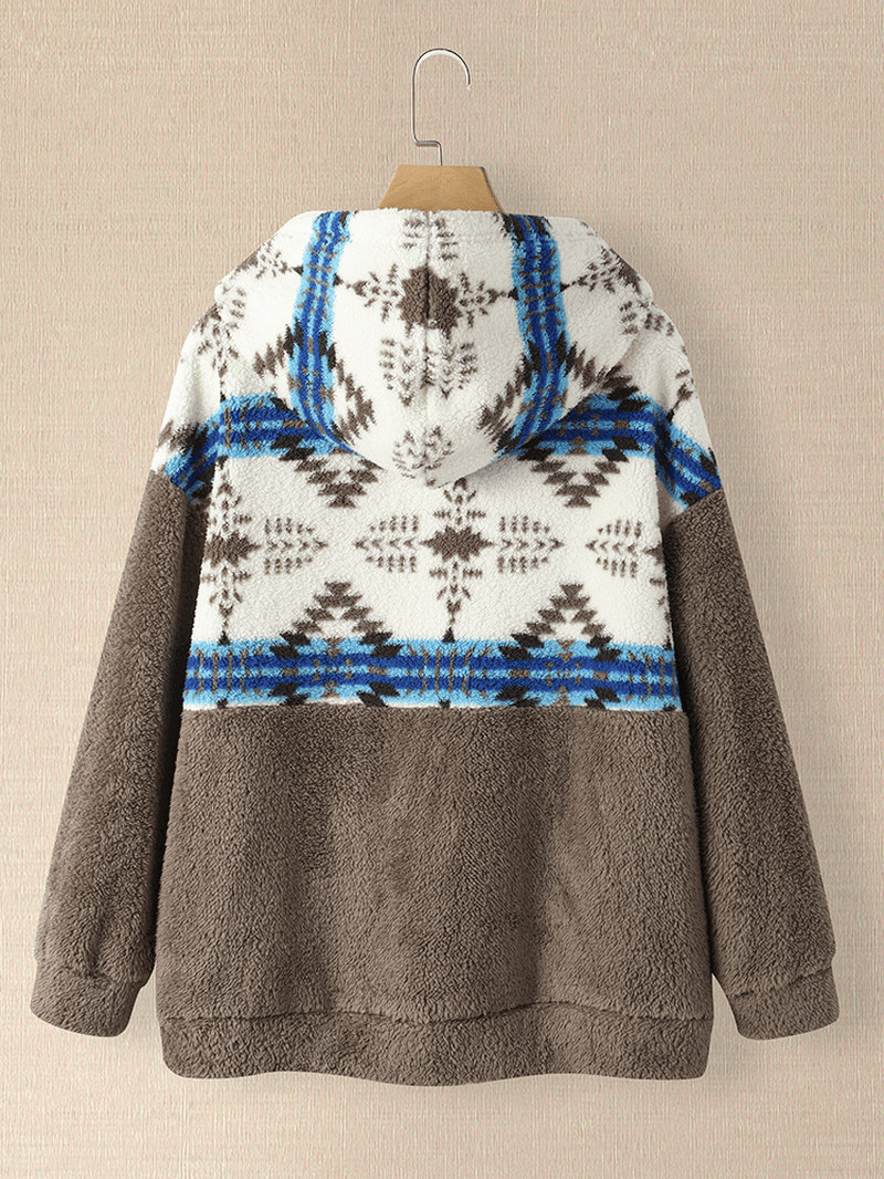 Women Tribal Pattern Patchwork Drawstring Casual Homewear Lamb Loose Hooded Sweatshirt - MRSLM