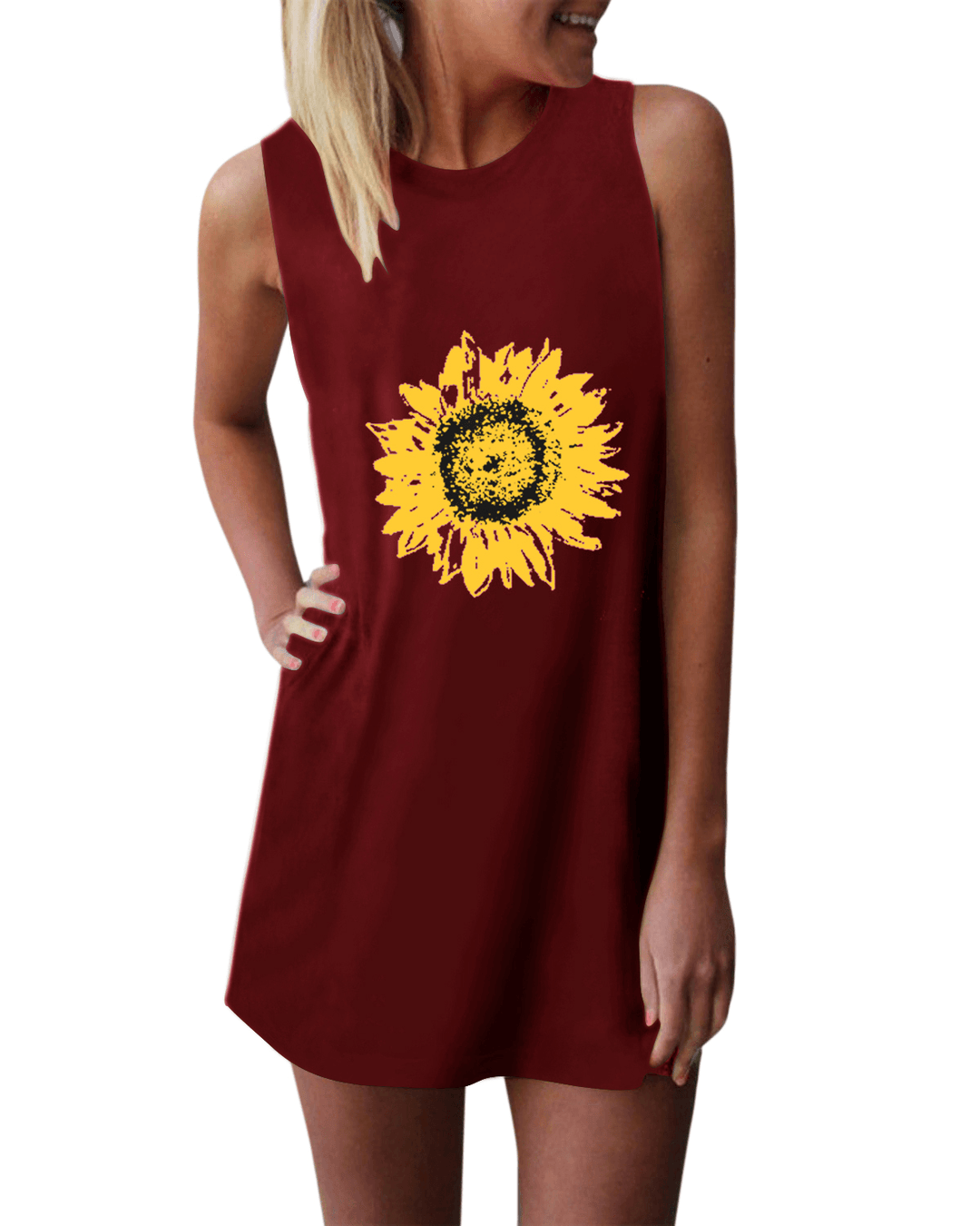 Sunflower Print O-Neck Sleeveless Casual Mini Dress - MRSLM