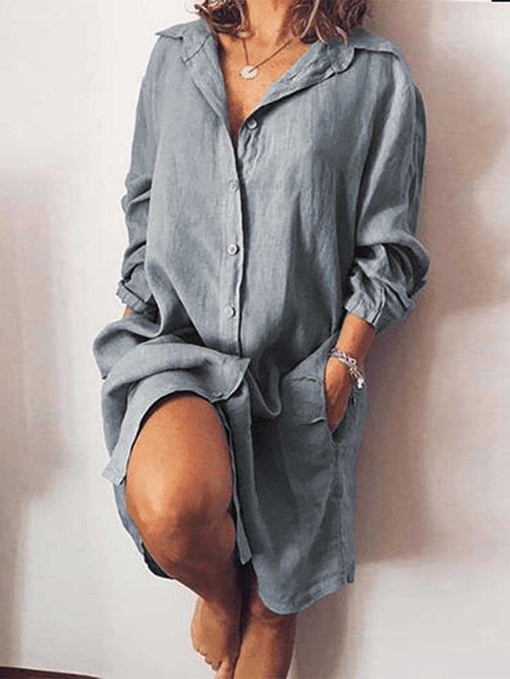 Women Loose Casual Long Sleeve V-Neck Button Pocket Shirt Dress - MRSLM