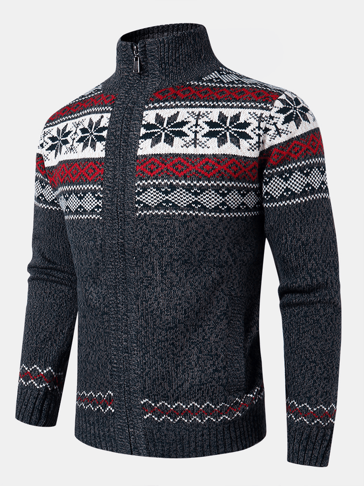 Mens Geometric Graphics Knitted Fleece Lined Warm Sweater Cardigans - MRSLM