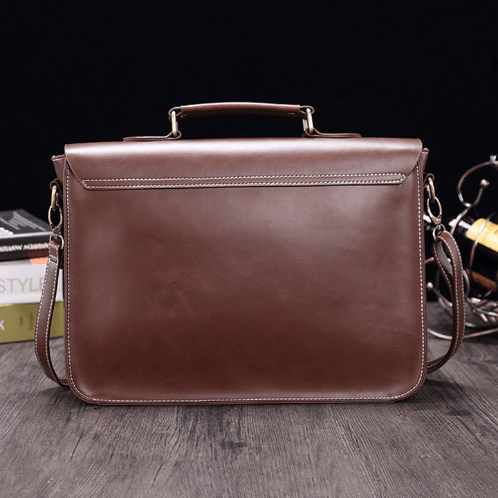 Men Vintage Waterproof Wear-Resistant Faux Laether Business Briefcase Crossbody Shoulder Bag - MRSLM