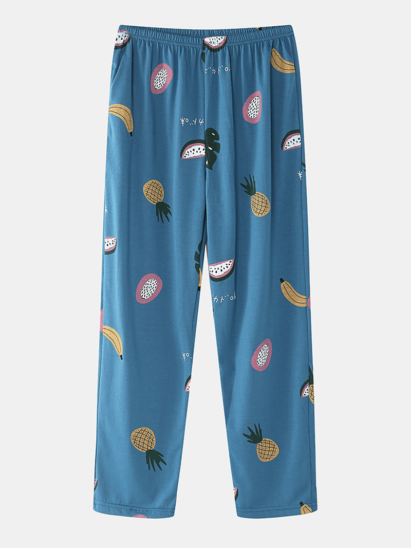 Women Cartoon Fruit Print O-Neck Loose Pants Cotton Comfy plus Size Home Pajamas Sets - MRSLM