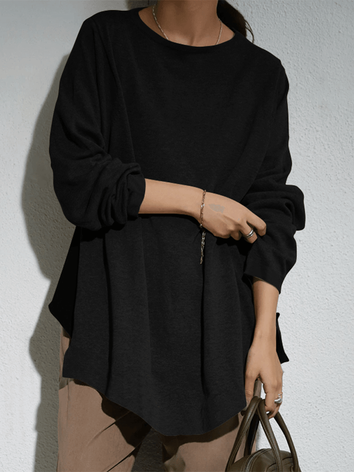 Women Side Split Solid O-Neck Retro Long Sleeve Pullover Sweatshirt - MRSLM