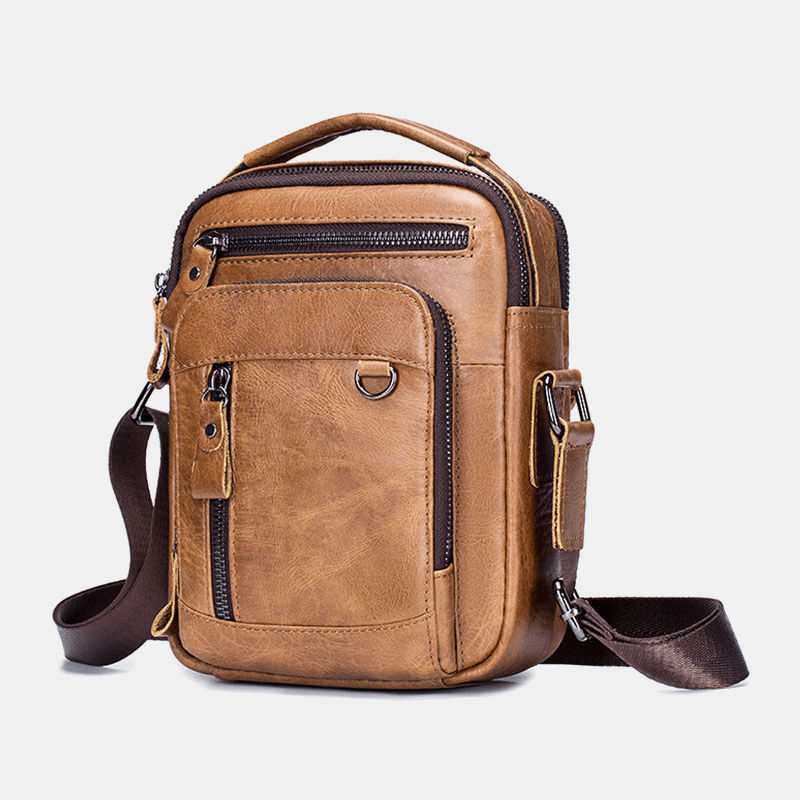 Men Multi-Pocket Genuine Leather Crossbody Bags Back Anti-Theft Pocket Design Wear-Resistant Large Capacity Messenger Bag Handbag - MRSLM