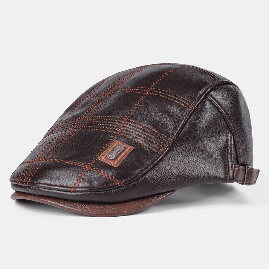 Collrown Men Faux Leather Stripe Pattern Vintage Solid Color Forward Hat Beret Hat - MRSLM