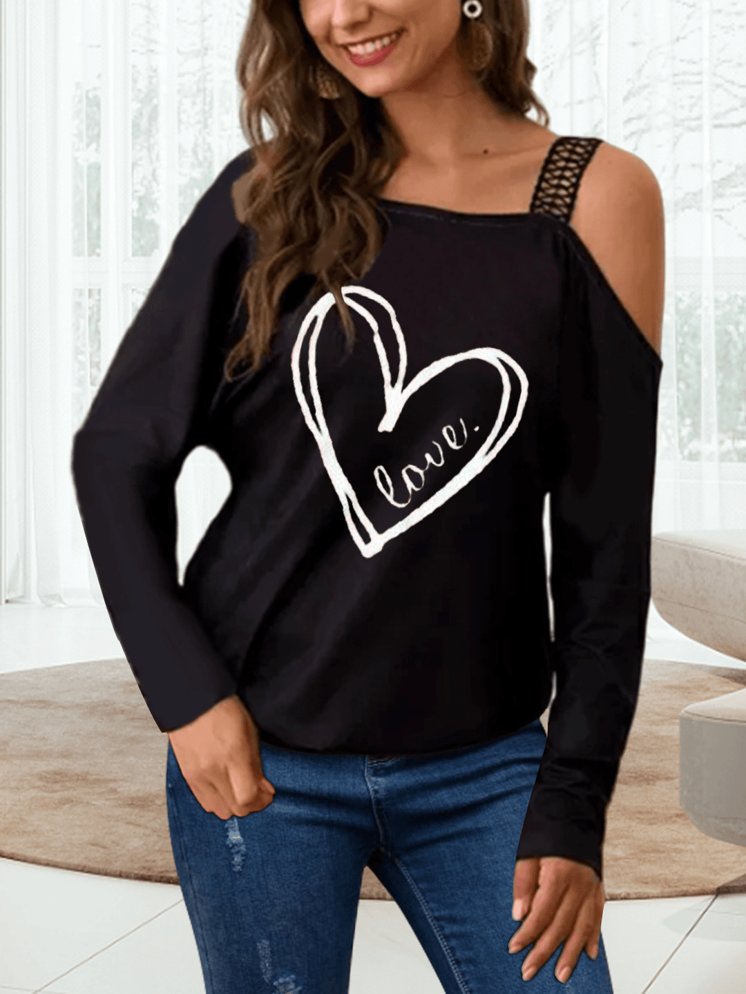 Graphic Print One Shoulder Long Sleeves T-Shirts for Women - MRSLM