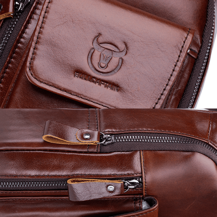 Men Genuine Leather Earphone Hole Retro Solid First Layer Leather Shoulder Bag Chest Bag - MRSLM