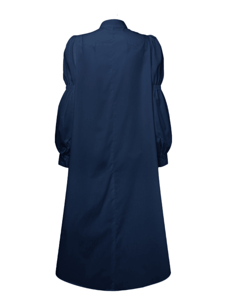 Women Solid Tiered Stand Collar Pleats Puff Sleeve Casual Shirt Midi Dresses - MRSLM