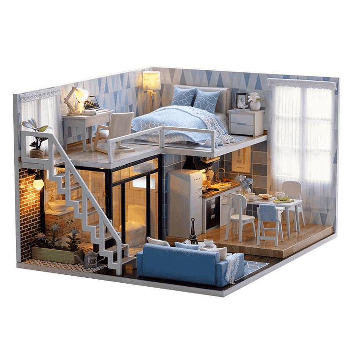 Cuteroom L-023 Blue Time DIY House with Furniture Music Light Cover Miniature Model Gift Decor - MRSLM