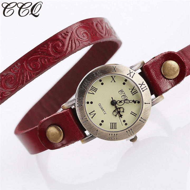 Vintage Retro Style Women Quartz Watch Cowhide Nicked Roman Numeral Leather Circle Wrist Watch - MRSLM